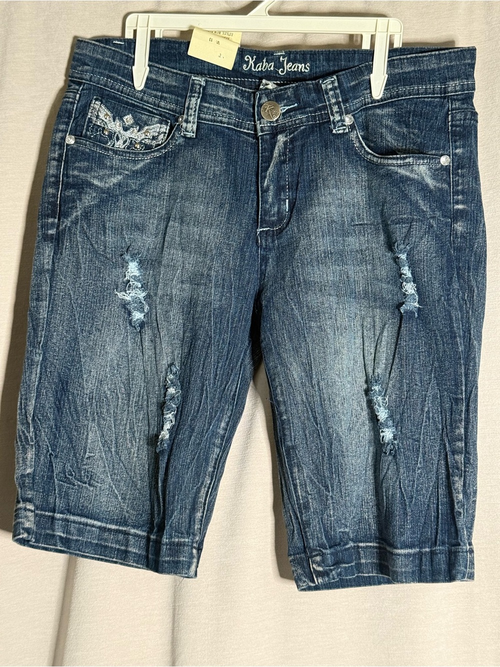 NWT Y2K  Kaba Jeans Bedazzled Distressed Denim Bermuda Shorts Size 13